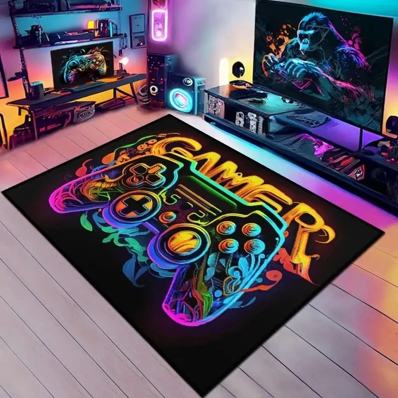 Esports Gaming Setup - Rainbow Neon Gamepad GAMER Area Rug